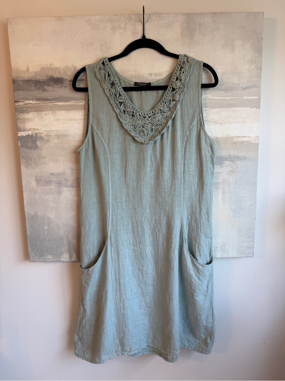 Made in Italy 100% Linen Rosette Shift Dress XL Sage Green Lagenlook Pocket Boho